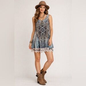 Origami Sleeveless Boho Tunic Dress Lace Hem Blue Print Size Small Festival